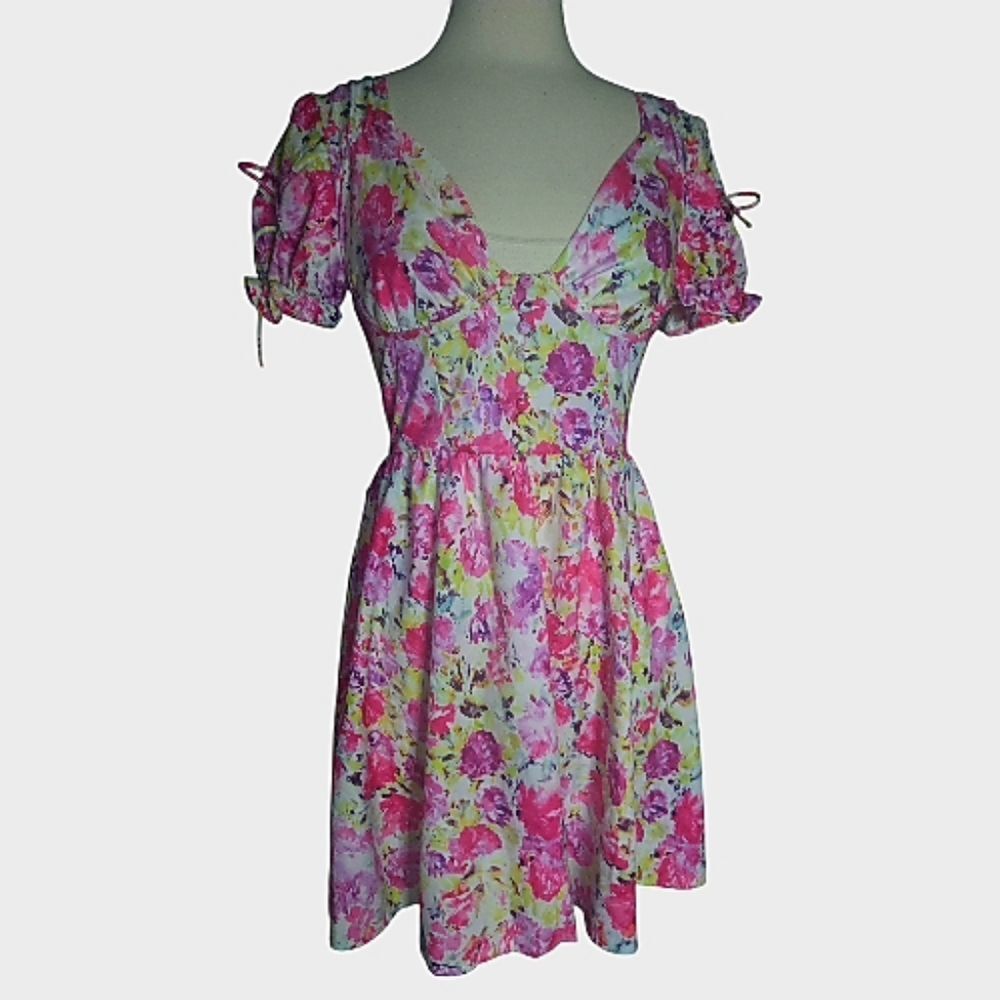 Pink, Yellow & White Floral Summer Dress - M